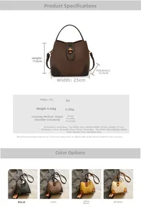 Detailed size chart and dimensions for the荔枝 grain PU bucket bag with four color options