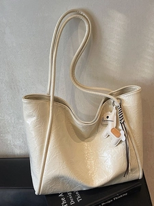 Women Large Capacity Glossy Wrinkled PU Leather Tote Bag With Horse Charm Casual Shoulder Bag For Daily Commuting Office