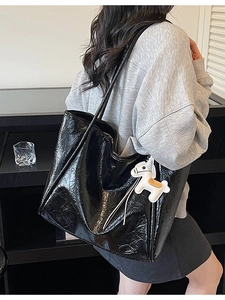Minimalist black faux leather large tote bag with white horse charm for women