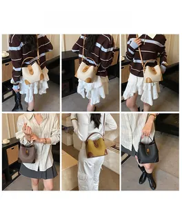 Contrast color bucket bag shown in multiple carrying styles for a stylish casual look