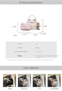 Detailed size specifications for bucket bag and inner pouch with four color display