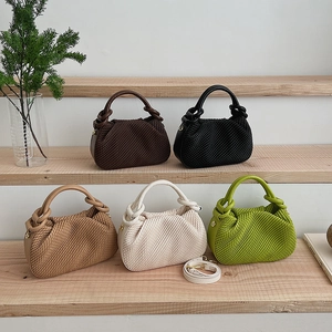 Minimalist pleated textured handbags with knot handles and crossbody straps in multiple colors