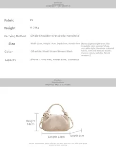 Detail view of cream pleated PU handbag with knotted handle and 23x14x8cm dimensions