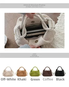 Detail view of woven texture shoulder bag interior and multiple color options