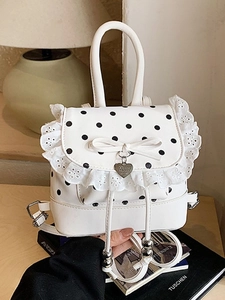 Mini Zaino Dolce Stampa A Pois Bordo In Pizzo Fiocco Decorazione Ciondolo A Cuore Borsa In Pelle PU Per Donna Ragazze Casual