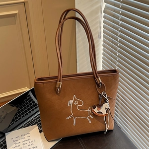 Women Horse Embroidered Tote Bag Large Capacity PU Leather Shoulder Bag With Rocking Horse Charm Vintage Commuting Handbag
