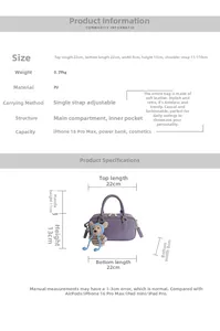 Detail view of purple PU crossbody bag with dimensions and cute blue striped bear charm