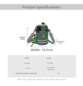 Detailed size chart for the nylon outdoor crossbody water bottle bag showing dimensions
