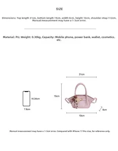 Detailed size specifications for pink PU bucket bag with mobile phone scale comparison