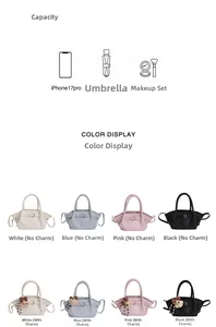 Detail showing various colors of bucket bags and its large capacity for daily items