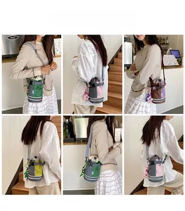 Outdoor drawstring bucket bag shown in multiple colors worn by a model in casual style