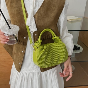 Chic pleated mini handbag in bright green PU leather with detachable shoulder strap