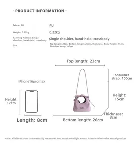 Detailed size chart for the minimalist PU leather dumpling bag with dimensions and weight