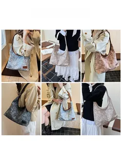 Collage of floral canvas tote bags showing various colors and crossbody styling in a cafe