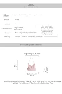 Size chart showing large bow tote bag dimensions 32x27x12cm in pink PU leather