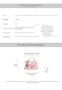 Size chart for pink PU crossbody bag with bear charm showing dimensions and weight
