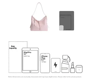 Pink tote bag capacity view showing space for iPad Pro, phone and daily essentials