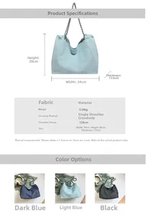 Detailed size chart for retro denim tote bag with chain strap and color options