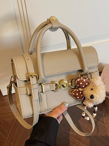 Women Vintage Litchi Grain PU Leather Crossbody Bag Small Square Handbag With Heart Lock And Bear Charm Chic Shoulder Bag For Daily Travel
