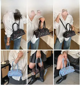 Collage of cherry print denim boston bags showing handheld, shoulder and crossbody styles