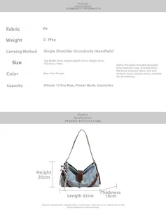 Size chart showing 32x20x10cm dimensions for the blue vintage PU leather shoulder bag