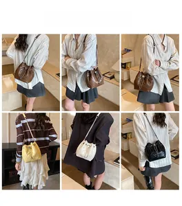 Quilted bucket bag set in four colors shown with stylish model outfits and chain straps