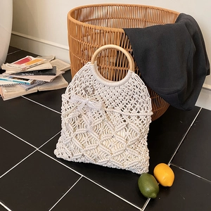 Women Handwoven Straw Handbag Bohemian Hollow Out Crochet Tote Bag With Wooden Ring Handles Lace Bow Artificial Pearl Charm Beach Vacation Handbag
