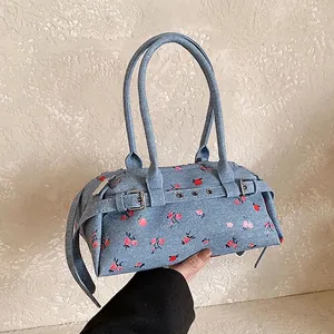 Women Vintage Denim Floral Crossbody Bag Retro Rose Pattern Mini Pillow Shoulder Bag Casual Small Boston Handbag With Strap