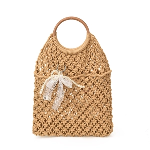 Handwoven khaki hollow mesh beach tote with wooden handles and pearl bow charm detail