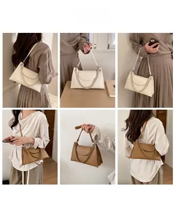 Detailed views of leather crossbody bags in cream and camel with metal chain straps