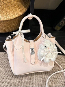 Women's Vintage PU Leather Bucket Bag With Checkered Ribbon And Removable Plush Rabbit Charm Sweet Shoulder Crossbody Handbag For Daily