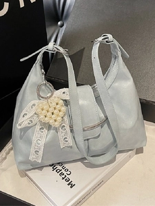 Women Ruched PU Leather Shoulder Bag With Artificial Pearl Heart Charm And Lace Bow Stylish Metal Buckle Hobo Bag For Daily Use