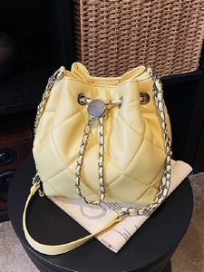 Elegant Women Quilted Bucket Bag PU Leather Rhombic Pattern Drawstring Shoulder Crossbody Bag With Silver Chain Strap