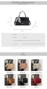 Detailed size specifications and six color variants of the stone pattern PU leather handbag