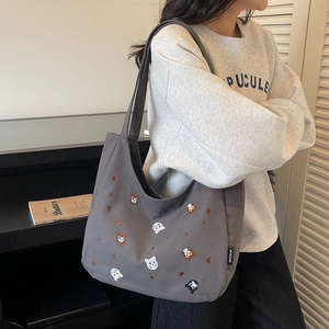 Dark gray canvas tote bag featuring cute cat embroidery and large capacity storage