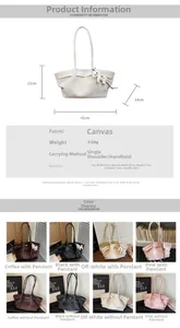 Detailed size chart for large canvas tote bag with newspaper print and dog charm