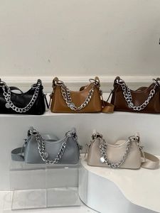 Modern minimalist rectangle faux leather handbags with chunky silver chain and strap in five colors
