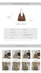Spécifications de taille et couleur d'un sac cabas en paille avec détails de perles