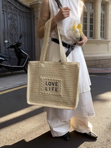 Sac fourre-tout en paille avec broderie LOVE LIFE et grande capacité pour vacances