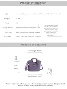 Tableau des tailles détaillé pour le sac rétro en PU avec dimensions et spécifications