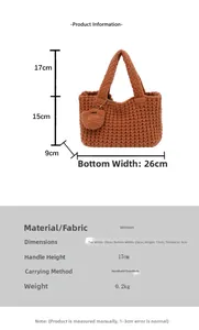 Size guide for caramel knitted handbag showing dimensions and handmade heart pendant detail