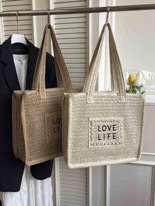 Grand sac cabas en paille crochetée avec broderie LOVE LIFE pour vacances d'été