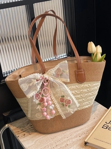 Sac Fourre-tout en Paille Tissée Style Français pour Femmes Grande Capacité Nœud en Dentelle Broderie Florale Sac à Épaule en PU pour Vacances Plage