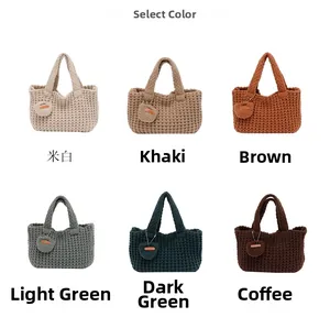 Collage showing six colors of woven knit handbags with waffle texture and charms