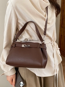 Classic coffee brown lychee pattern leather handbag with silver lock and shoulder strap