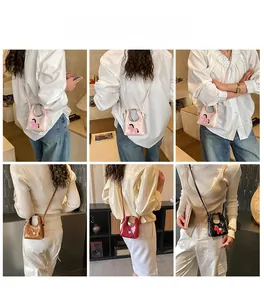 Quilted mini crossbody bag with cartoon pony patch shown on model in four colors