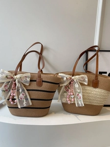 Sacs cabas en paille tissée main avec grands nœuds en dentelle pour vacances à la plage