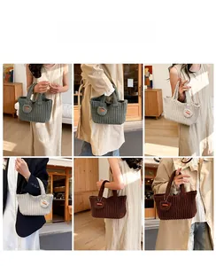 Handmade knit tote bags shown in lifestyle scenes for daily commuting outfits