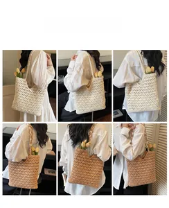 Detailed views of crochet hollow tote bag featuring intricate floral patterns and straps