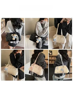 Collage of chic faux leather tote bags in various colors featuring cute bear pendants